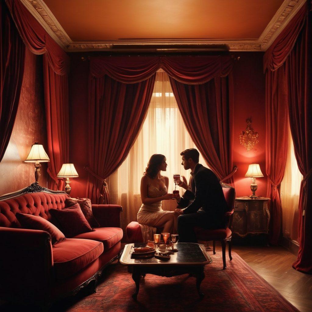 A sultry, dimly-lit room adorned with velvet curtains and plush cushions, showcasing a vintage projector casting steamy scenes on the wall. Soft silhouettes of couples in passionate embraces can be discerned, encapsulating the essence of indulgence. A glass of red wine rests on an ornate table, with warm light creating a cozy, inviting atmosphere. The overall feeling should be tantalizing and intimate, evoking a sense of desire. super-realistic. warm colors. low light.