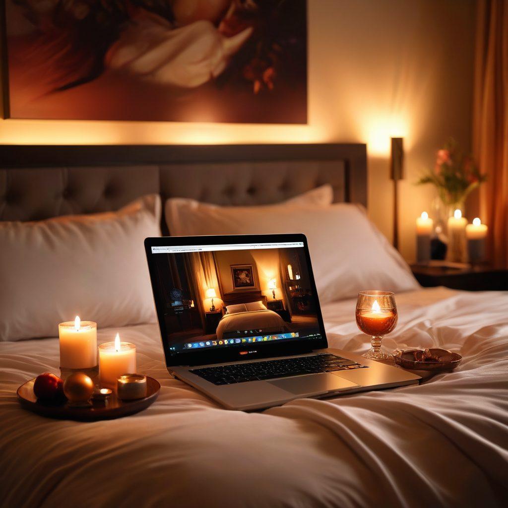 A sensual and inviting bedroom scene, dimly lit with soft candles and luxurious silk sheets, featuring a laptop displaying a vibrant website filled with erotic art and content. Include subtle hints of playful accessories like feathered toys and wine glasses placed nearby, suggesting indulgence and pleasure. The atmosphere should radiate warmth and intimacy, enticing viewers to explore. super-realistic. warm tones. soft focus.